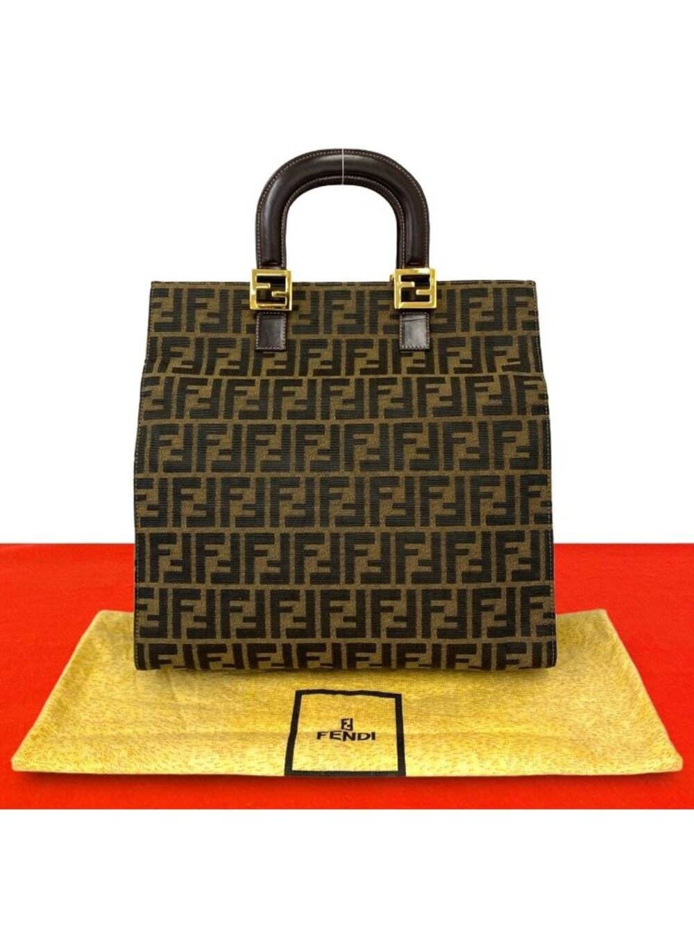 Fendi Vintage Zucca FF Logo Pattern Canvas Leather Tote Bag Brown